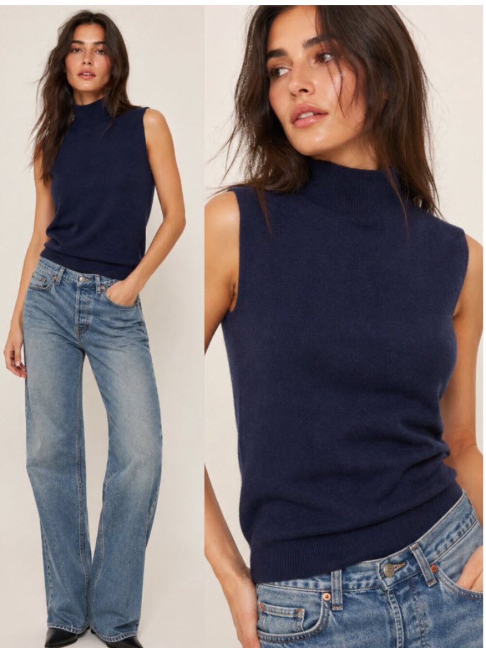 Repeat Cashmere Blue Sweater Mock Neck Sleeveless Knit Sweater Medium